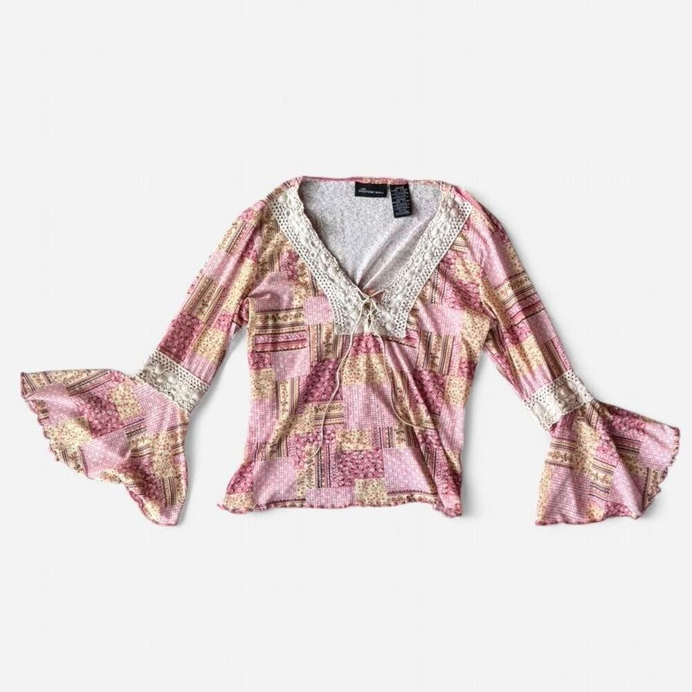 Y2K No Boundaries pink and cream patchwork blouse with lace up front and bell
